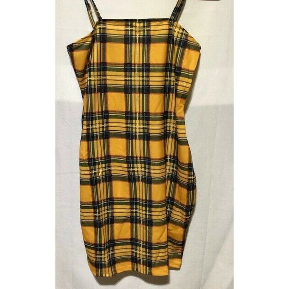 Yellow Plaid Cami Mini Dress Spaghetti Straps Zipper Back  Size:  XS  NEW